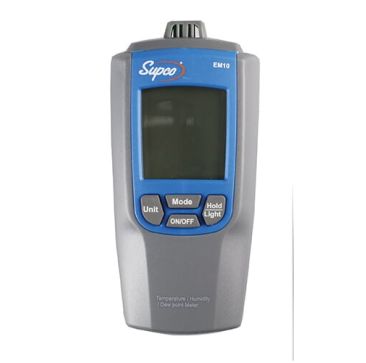 Supco EM10 Temperature, Humidity & Dew Point Meter - front view showing backlit LCD display and control buttons