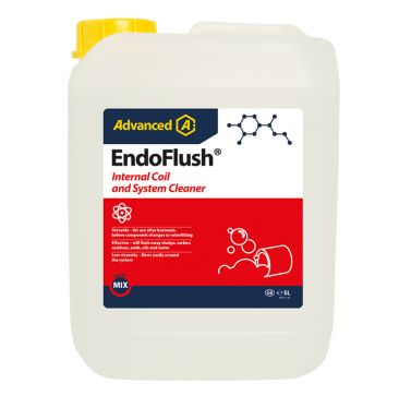 A 5-litre container of EndoFlush Internal Coil and System Cleaner, featuring a white bottle with a yellow cap. The label includes the brand "Advanced" with a chemical structure graphic, and a red section highlighting the product name "EndoFlush Internal C