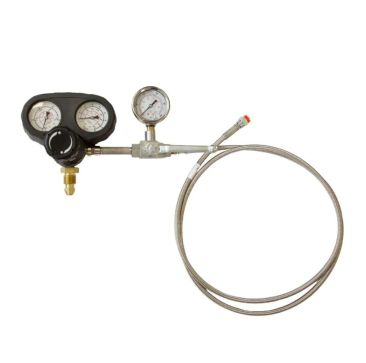 Image of the Javac Nitrogen Pressure Testing Rig (RS-750-RIG) featuring a dual-gauge regulator with black and white dials, a brass connector, a metallic valve, and a coiled stainless steel hose with a red-tipped end, isolated on a white background.