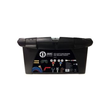 Black plastic case containing the JAVAC Oxy-Acetylene Brazing and Welding Toolkit, featuring a label with the JAVAC Edge logo, images of the toolkit components including regulators, torch, hoses, goggles, and nozzles, and text describing the product as a 