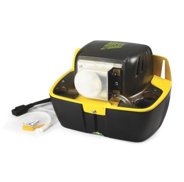 Aspen Hi-Lift 1l Condensate Tank Pump FP2099/2 with accessories, featuring a black and yellow design, transparent clean tray, and built-in spirit level for air conditioning units.