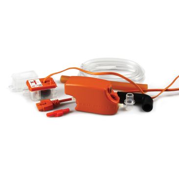 Product image of the Aspen Maxi Orange condensate pump kit (model FP2210), featuring the compact orange pump unit with attached power cable, transparent plastic reservoir and sensor housing, submersible secondary reservoir, anti-siphon device, float and f