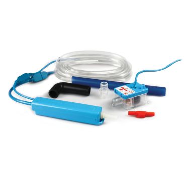 Aspen Mini Aqua Slim Condensate Pump FP2406/2. Mini Aqua Condensate Removal Pump kit, including a blue pump unit, clear suction and discharge tubes, black elbow connector, transparent reservoir with red and white labels, and additional red and clear fitti