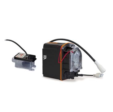 Aspen Pumps Peri Pro+ peristaltic condensate pump for HVAC systems, shown with black pump unit, clear tubing, orange accents, mounting bracket, and connected cables on a white background.