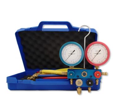 A JAVAC CO2 Sub Critical 4 Valve Manifold with blue and red 80mm oil-filled gauges (LP -1 to +30 Bar, HP -1 to +50 Bar), three 1m charging lines (red, blue, yellow), and a blue plastic carry case with foam padding, designed for air conditioning and refrig