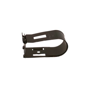 A black zinc-coated DiversiTech TRH-4 Squeezy Fit Threaded Rod Hanger, featuring a spring steel design with a folding lock-tab and a slot for M8/M10 threaded rods, used for securing insulated copper air conditioning pipes.