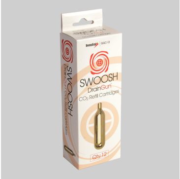 This is a packaging box for DiversiTech Swoosh DrainGun CO2 Refill Cartridges (GGC-12, pack of 12). The box features a white and beige design with a red swirl graphic, the product name 'Swoosh DrainGun CO2 Refill Cartridges,' and an image of a single gold