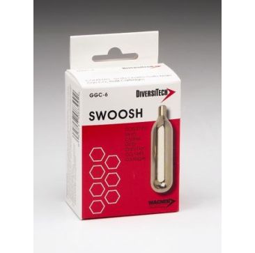 This is a packaging box for DiversiTech Swoosh DrainGun CO2 Refill Cartridges (GGC-12, pack of 12). The box features a white and beige design with a red swirl graphic, the product name 'Swoosh DrainGun CO2 Refill Cartridges,' and an image of a single gold