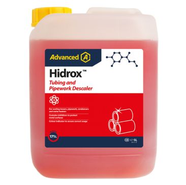 A 5L container of Hidrox Tubing and Pipework Descaler, a red liquid solution with a yellow cap, featuring a label with the Advanced logo, product name, and details about its use for cooling towers, pipework, and condensers, including corrosion inhibitors 