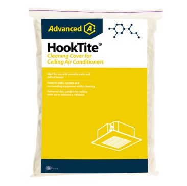 HookTite Cleaning Cover for Ceiling Air Conditioners by Advanced, pack of 5, ideal for cassette units and chilled beams, protects walls and carpets during cleaning, universal size suitable for ceiling units up to 1000mm x 1000mm, featuring a diagram of a 