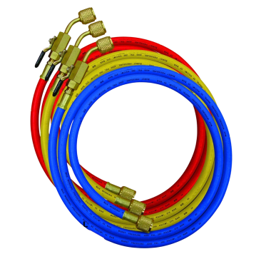 Three coiled Mastercool 90262-36 high-pressure HVAC hoses in blue, yellow, and red, each with 1/4" SAE manual shut-off valve fittings and knurled brass nuts, designed for professional refrigerant handling.