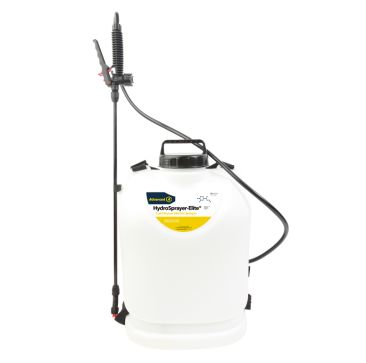 HydroSprayer Elite 15L Battery-Powered Backpack Sprayer for HVAC, featuring a white tank with a yellow label, black spray wand, and ergonomic straps, ideal for air conditioning maintenance.