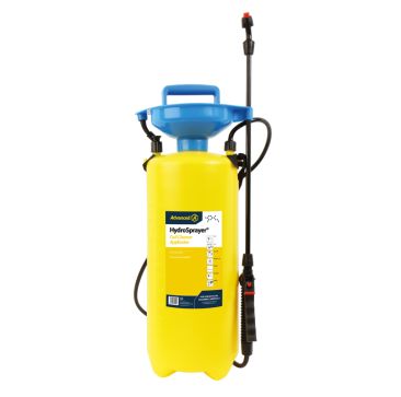 A yellow 8L Aspen HydroSprayer with a blue funnel top, black hose, and lance with a red nozzle. The label on the tank reads "Advanced HydroSprayer Coil Cleaner Applicator" with usage icons and a note for use with coil cleaning chemicals.