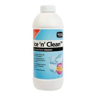 A 1L bottle of Ice 'n' Clean ice machine cleaner by Aspen Pumps, featuring a white and blue label with orange and black accents. The label highlights its ability to remove limescale and slime, compatibility with nickel and aluminium, and a colour indicato