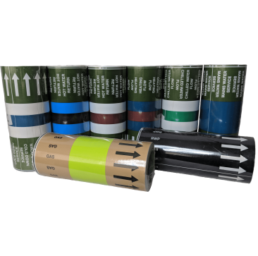 This is a collection of colourful identification tape rolls arranged in a grid pattern. The tapes come in various vibrant colours, including red, blue, green, yellow, orange, purple, and white, each with a solid-coloured background. The rolls are neatly o