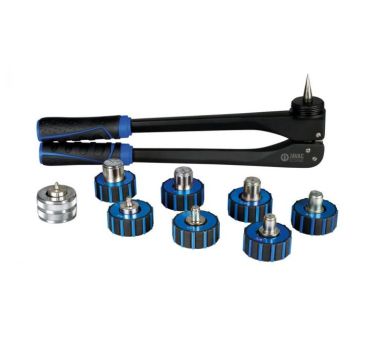 Javac Edge Tube Expander Set 1/4" - 1-1/8" A JAVAC EDGE hydraulic tube expander tool with blue and black handles, accompanied by multiple expander heads in various sizes (ranging from 3/8" to 1-1/8"), each with blue and black grips. The tool and heads are