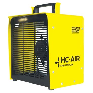 A yellow JAVAC Care-Air 2 Fan Module with a black handle and grilles on the front and side. The text "HC-AIR FAN MODULE" is printed on the side. The device is designed for safe hydrocarbon refrigerant transfer in HVAC/R applications.