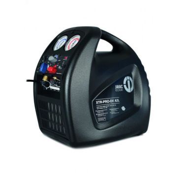 Black JAVAC Edge XTR-PRO-DV 4ZL vacuum pump against a white background. The rectangular device features rounded edges, a sturdy top handle, and a front panel with two circular gauges displaying pressure levels. Below the gauges are blue and red valve knob
