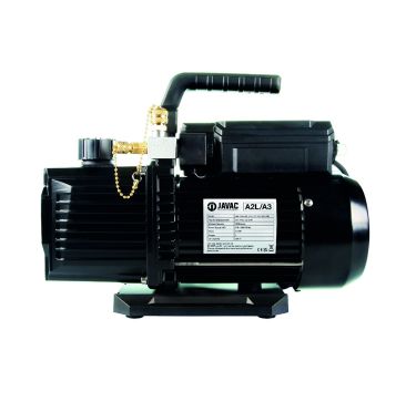 Side view of the Javac CC-231AMM Ammonia Vacuum Pump, a black double-stage vacuum pump with a handle, featuring 9CFM (225 L/min) displacement and dual voltage (110v/240v, 50Hz) capability. The pump has 1/4 and 3/8 male flare inlets, weighs 15.5kg, and mea