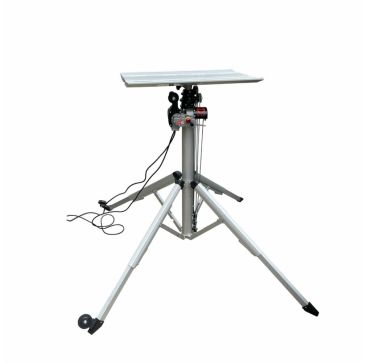 240V Portable Lifter for HVAC equipment, featuring a wide platform base, extendable legs with wheels, and a robust silver frame. It includes a control unit with red and green buttons and a power cord designed for lifting condensers, evaporators, and more.