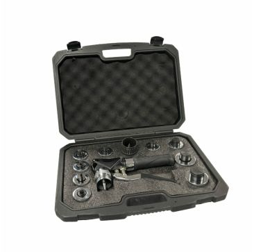 Javac Hydra-XP9 Hydraulic Tube Expander JAV-1405 set in an open black plastic case with foam padding, including the expander tool with a black handle, 9 expander heads (1/4” to 1-5/8”), a deburring tool, and custom foam cutouts for storage, against a whit