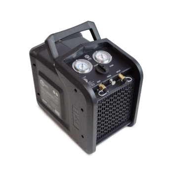 Black JAVAC Velo-X Twin Cylinder Recovery Unit Pro with dual gauges, control knob, brass fittings, and a sturdy handle, designed for HVAC refrigerant recovery.