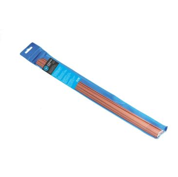 Image of a 1kg pack of Javac S2 Brazing Rods in blue plastic packaging with a hanging tab containing multiple copper-coloured brazing rods for HVAC applications, isolated on a white background.