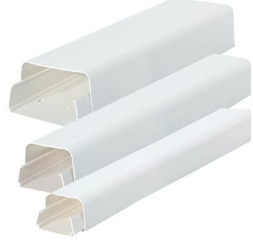 Three white Sauermann DUE110W Duct Line Set Protection pieces of varying lengths, designed for concealing and protecting air conditioning cables and pipes, shown against a plain background.