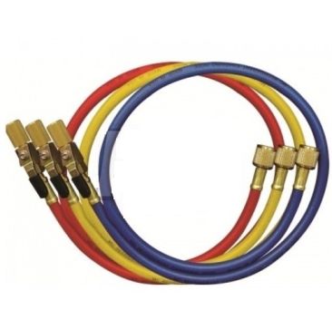 Three coiled Mastercool 90262-60 high-pressure HVAC hoses in blue, yellow, and red, each with 1/4" SAE manual shut-off valve fittings and knurled brass nuts, designed for professional refrigerant handling.