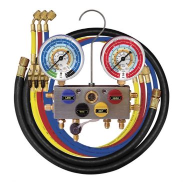 Mastercool 4 Way Manifold Set R134a R404A R407C R507A R22 Including Hoses and Ball Valves.