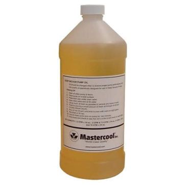 Alt text: A 128oz (1 gallon) bottle of Mastercool Vacuum Pump Oil with a white cap, featuring a white label with black and red text. The label includes instructions for use, such as draining when warm and checking the oil level, along with the Mastercool 