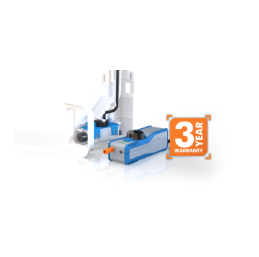 Ivory White MicroBlue Condensate Pump Ducting Kit installed on a mini-split indoor unit with a cutaway view showing the internal pump, reservoir, and tubing; includes a 3-year warranty badge.