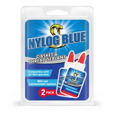 Nylog Blue Twin Pack: Two 30ml bottles of blue silicone-based thread sealant for HVAC refrigeration pipes and fittings, preventing leaks in air conditioning systems.