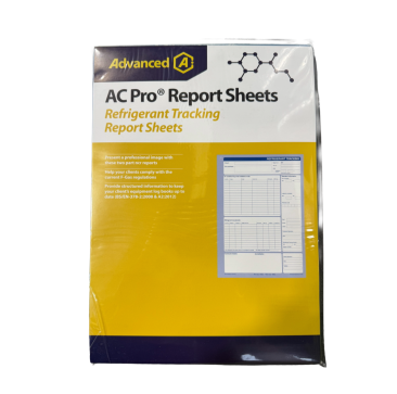 Aspen Pumps AC-Pro Refrigerant Tracking Report Sheets (S080354GB) product packaging, showing yellow and purple box with two-part NCR forms for F-Gas compliant HVAC logging, including sample blue form with fields for client details, refrigerant charges, an