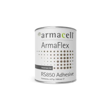 A cylindrical can of ArmaFlex RS850 Adhesive with a white label, featuring the Armacell logo and branding. The label includes the text "Thixotropic Gel" and "Contents: 427 g / 500 ml in a clean, professional design with a dotted pattern background.