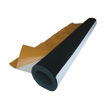 A 1m-long Armaflex Tuffcoat Pipe Insulation section with a black nitrile rubber foam core and a white PVC outer coating, partially unrolled to reveal a gold-coloured adhesive lap. The insulation is displayed against a white background, showing its flexibi
