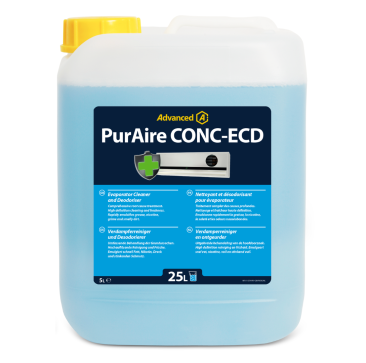PurAire CONC-ECD 5L Evaporator Cleaner and Deodoriser bottle with a blue liquid, featuring a multilingual label and an air conditioning unit image, available at airconspares.com.