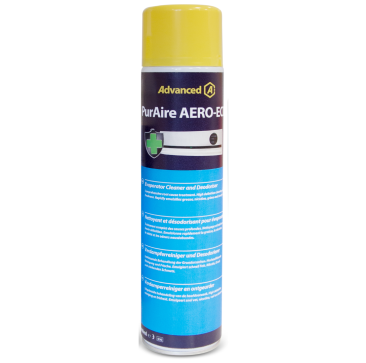 PurAire AERO-ECO aerosol can with yellow cap, featuring Advanced branding, designed as an evaporator cleaner and deodoriser. The 600ml can includes multilingual labels and a green safety symbol.