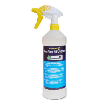 PurAire RTU-ECO 1L Evaporator Cleaner and Deodoriser bottle with yellow spray nozzle, manufactured by Aspen Pumps, featuring no-rinse technology for HVAC maintenance.