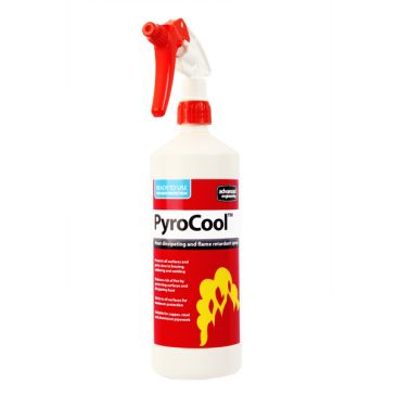 PyroCool heat dissipating and flame-retardant spray in 1 1-litre white bottle with a red trigger spray and a label showing a flame graphic. Ready-to-use professional gel for HVAC brazing protection.