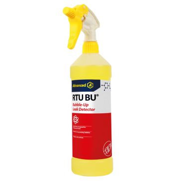 A yellow spray bottle with a white and yellow nozzle, labelled "RTU BU Bubble-Up Leak Detector." The label features a blue and yellow "Advanced" logo at the top, with a red section below listing key features: "Specifically designed for refrigerant leaks,"