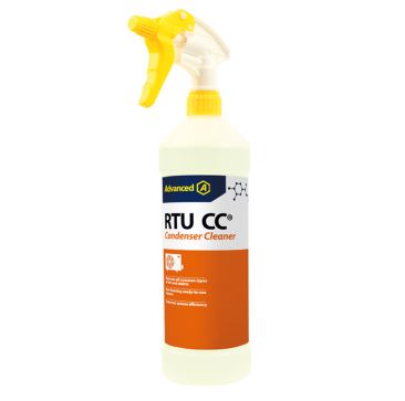 A white 1L spray bottle of Aspen Pumps RTU CC Condenser Cleaner with a yellow trigger sprayer nozzle, featuring a blue Advanced logo, orange label text reading "RTU CC Condenser Cleaner" and "Non-foaming ready-to-use," and icons for removing dirt and debr