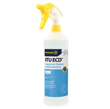 RTU ECD Evaporator Cleaner & Disinfectant 1L bottle with yellow trigger spray, featuring Advanced branding, kills 99.9% bacteria in 60 seconds, verified to kill SARS-CoV-2, safe for condensate pumps, compliant with EN standards.
