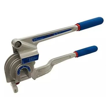 Imperial 370-FH Triple Head 180° Tube Bender with blue cushioned handles and a silver die-cast aluminium body featuring calibrated markings for precise bending of 3/16", 1/4", 3/8", and 1/2" O.D. tubing.