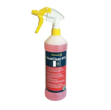This is a 1L bottle of HeatClean RTU heat pump cleaner with a yellow spray nozzle. It features a red and white label with eco-friendly branding and is designed for UK use on air conditioning units.