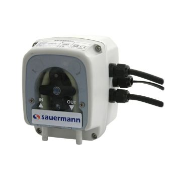 This is a white Sauermann PE-5100 peristaltic condensate pump with a transparent front panel that displays the internal roller mechanism. The pump features two black cables on the right side, labelled "IN" and "OUT" ports for suction and discharge, and th