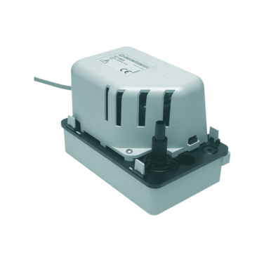 Sauermann Si-1805 Centrifugal Tank Pump, a compact grey and black device with a 0.5L tank, featuring a black outlet pipe, white float, and two inlet holes, designed for air conditioning units and gas condensing boilers, shown against a white background.