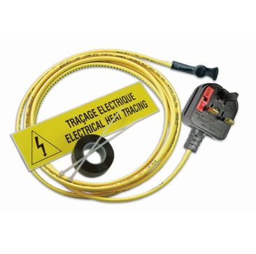 A coiled yellow electrical heat tracing cable with a black UK-style plug on one end and a black end cap on the other. A yellow label with a lightning bolt symbol and the text "TRAÇAGE ÉLECTRIQUE HEAT TRACING" is placed across the coil. A roll of black ele
