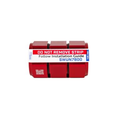 Smartlock SWUN7800 red copper swage union fitting with installation warning label reading “Do not remove strip – follow installation guide.