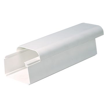 A white plastic cable management trunking with a rectangular shape, open on one side, and rounded edges on the top corners. 80 x 60 Trunking DUE80